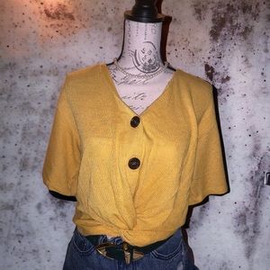 Sadie and Love Ribbed Mustard Yellow Button Crop Top Blouse